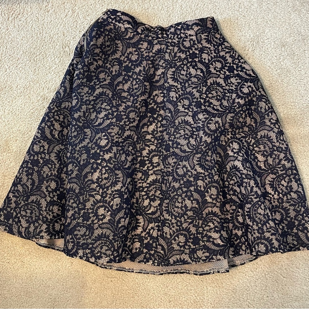 Source Unknown Tan and Blue A-Line Midi Skirt